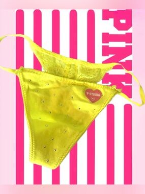 PINK Lace Back V-String Yellow Bling Thong Vintage Y2K Victoria's Secret MED